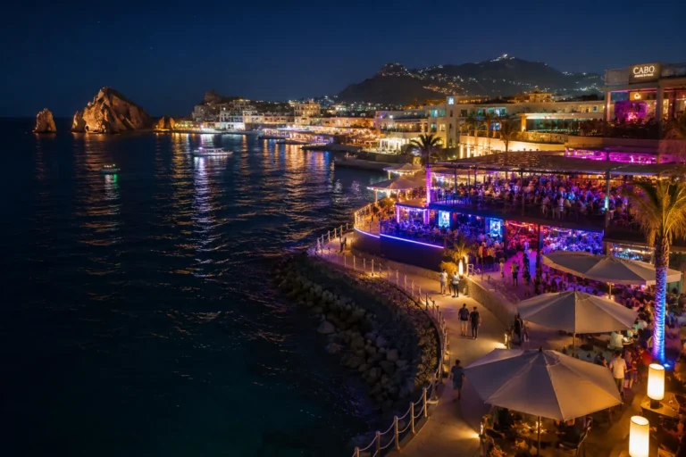 Ultimate Guide to Nightlife in Cabo featuring vibrant waterfront bars, lively clubs, and illuminated party spots along the Cabo San Lucas marina at night.