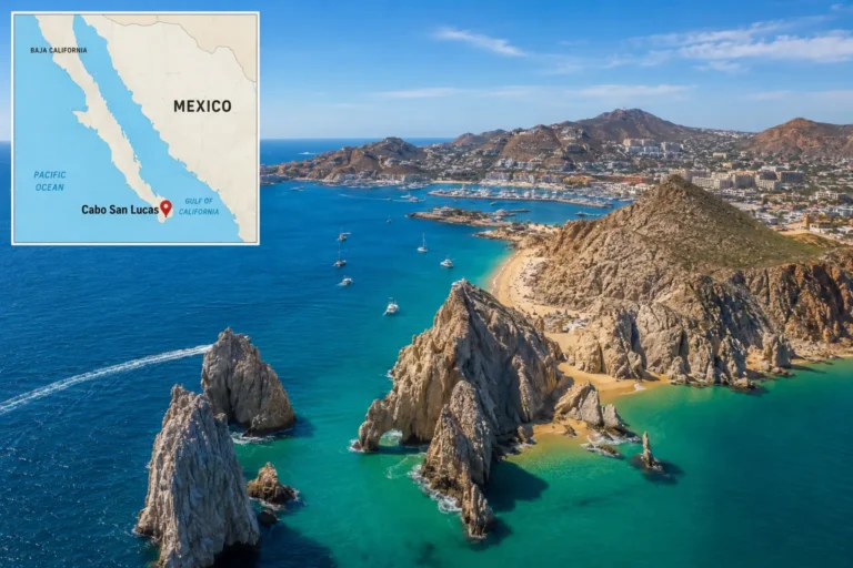 Aerial view of Cabo San Lucas coastline and marina with a map showing its location in Baja California Sur, Mexico.