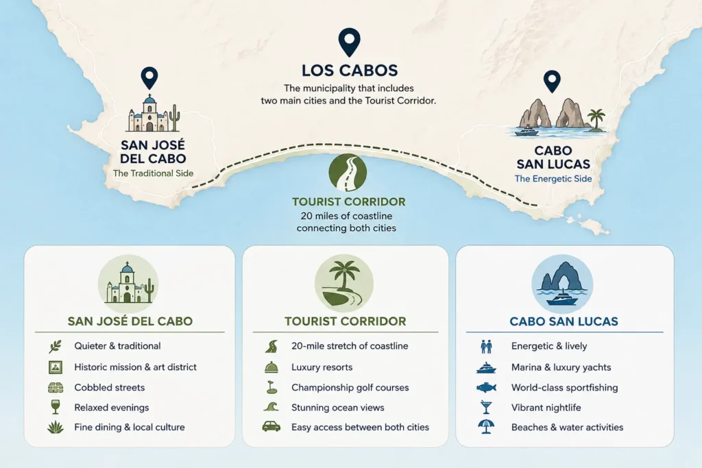 Los Cabos map infographic showing San José del Cabo, Cabo San Lucas, and the 20-mile Tourist Corridor connecting both cities.