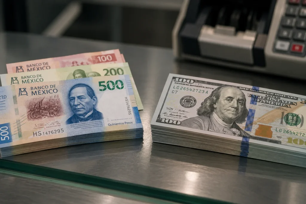 Mexican pesos and U.S. dollar bills displayed side by side at a currency exchange counter.