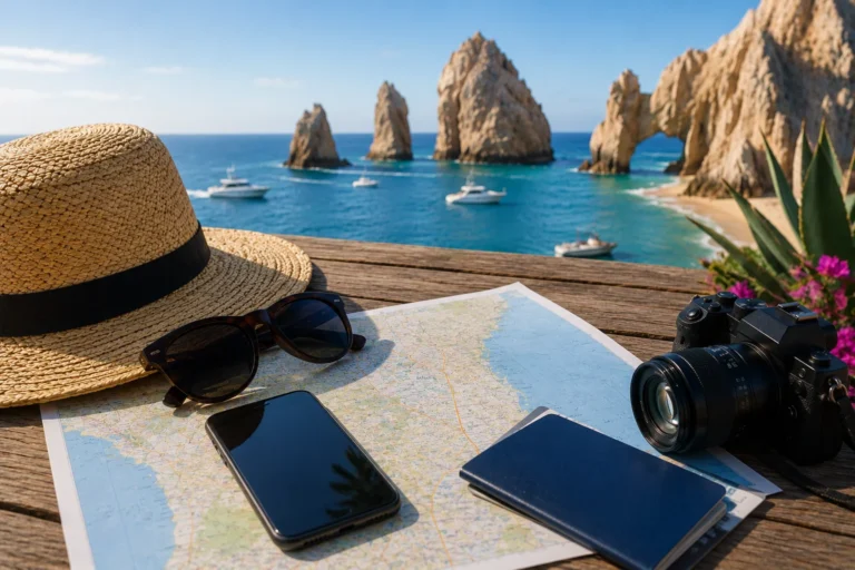 Cabo San Lucas Travel Tips with a map, passport, sunglasses, camera, and travel essentials overlooking the iconic coastal rock formations.