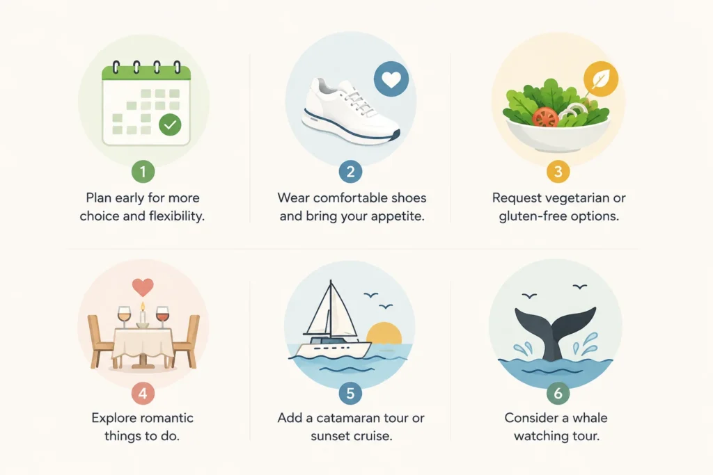 Minimalistic Cabo food tour infographic showing six tips for planning ahead, comfortable shoes, dietary options, romantic activities, catamaran or sunset cruises, and whale watching.