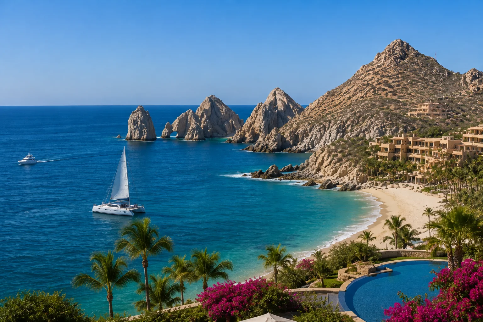 Hyatt Ziva Los Cabos Excursions with a scenic coastline, turquoise waters, luxury resort, and sailboats near rugged rock formations.