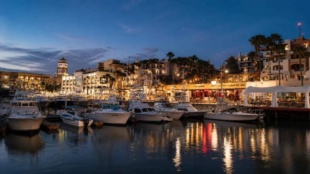 A realistic marina at dusk with white boats moored in calm water, surrounded by palm-lined waterfront restaurants and illuminated buildings reflecting across the harbor.