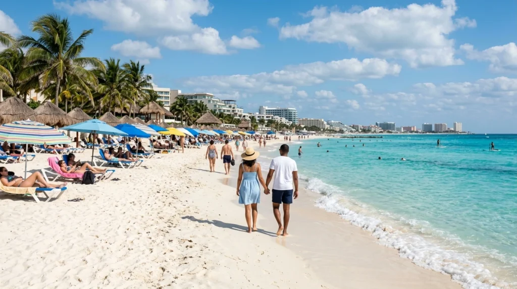 Travelers enjoying sunny Cancun weather in February on a white sand beach with turquoise Caribbean water and tropical palm trees.