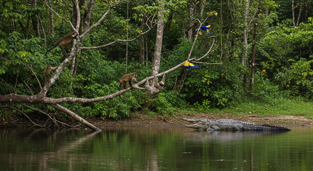A tropical river scene in Costa Rica with monkeys on tree branches