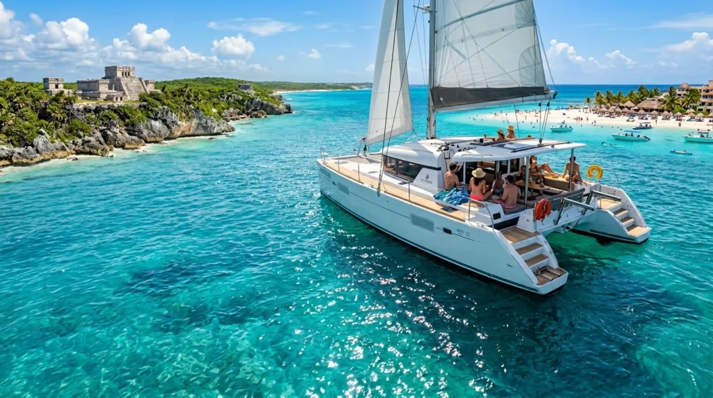 Travelers enjoying the best things to do in Cancun in June during warm Cancun weather June conditions, including a catamaran tour, snorkeling in turquoise Caribbean water, whale shark swimming, cenote adventure, and Mayan ruins near Isla Mujeres.