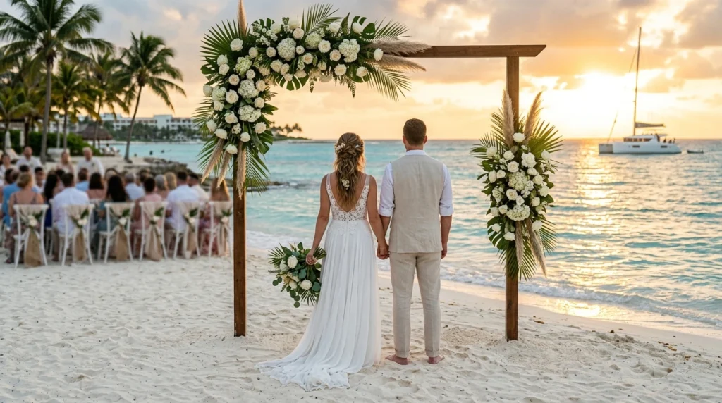 Bride and groom standing with their backs facing the camera during a romantic Cancun beach wedding at sunset with turquoise Caribbean water and a catamaran celebration in the background.