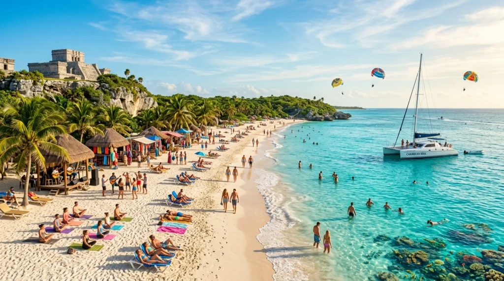 Cancun weather in March with sunny beaches, catamaran tours, snorkeling, parasailing, Mayan ruins, and vibrant outdoor activities along the turquoise Caribbean coast.