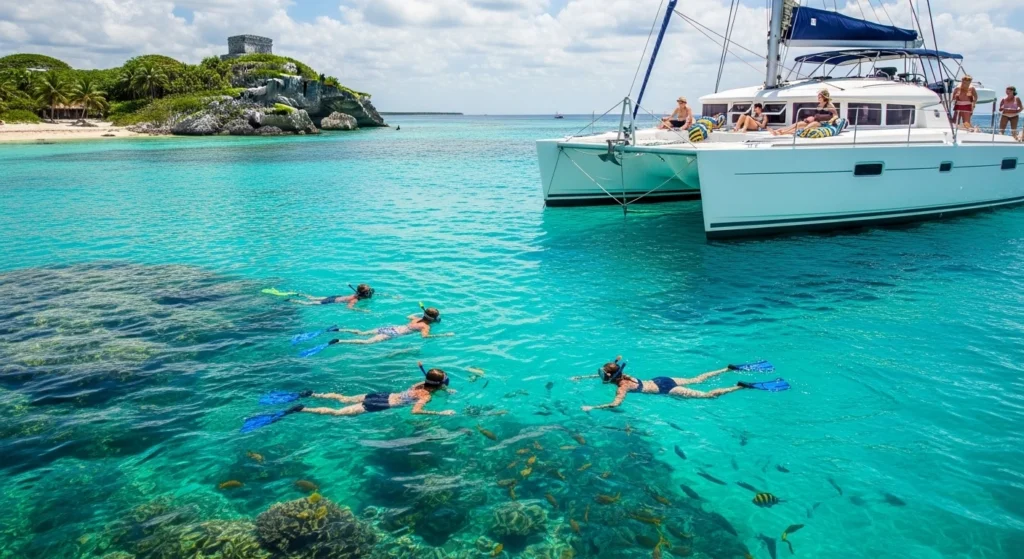 Catamaran tour and snorkeling near Tulum with clear turquoise water and colorful reef fish, showing what to do in Tulum for a relaxing ocean experience
