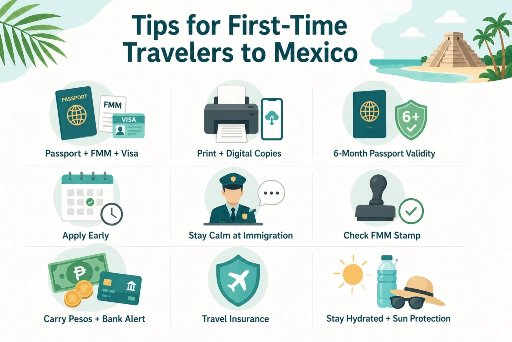 Minimalist infographic showing first-time travel tips for Mexico including passport, documents, and safety essentials — do you need a passport to go to Mexico