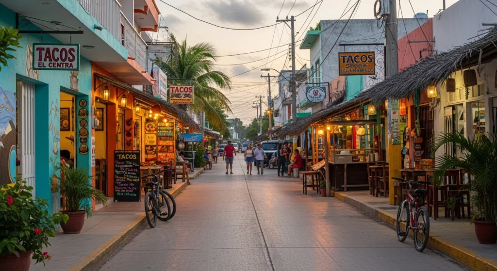 Colorful street in downtown Tulum El Centro with local shops, taco stands, and vibrant culture, showing what to do in Tulum beyond the beach zone