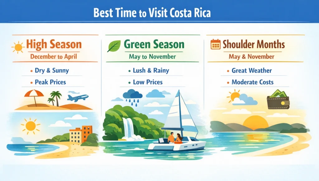 Infographic showing Costa Rica’s high, green, and shoulder seasons with weather conditions and travel cost differences.