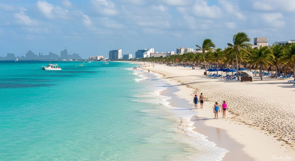 Scenic Cancun beach with turquoise water, white sand, and palm trees, representing relaxing and exploring experiences in well-planned Cancun Itineraries