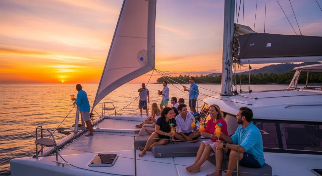 Catamaran tour at sunset in Costa Rica.