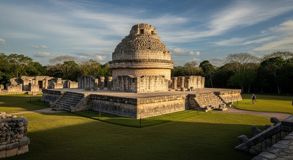 El Caracol ancient Mayan observatory at Chichen Itza with circular stone structure and historic ruins, showcasing the astronomical significance of El Caracol