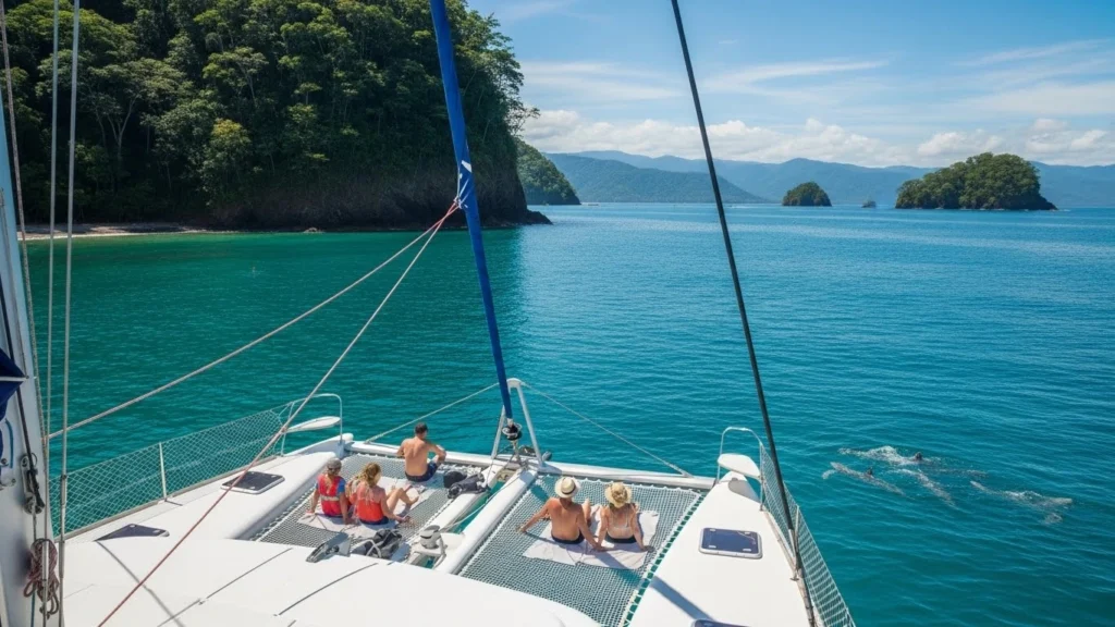 A catamaran sailing along Costa Rica’s coastline with travelers relaxing on deck, turquoise waters below and lush green cliffs in the background.