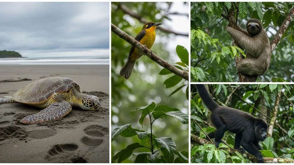 Collage of Costa Rica wildlife during the rainy season showing a green sea turtle on the beach, tropical birds in rainforest trees, a sloth resting on wet foliage, and a howler monkey moving through dense forest, all in natural light with realistic shadows and textures.