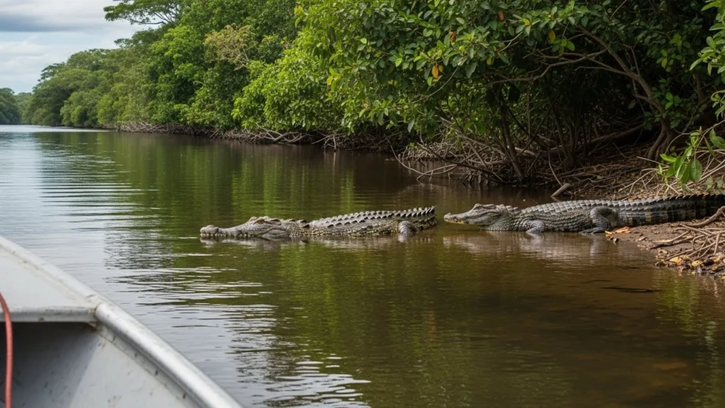 American crocodile and caiman resting near a riverbank in Costa Rica, surrounded by lush foliage, viewed from a boat.