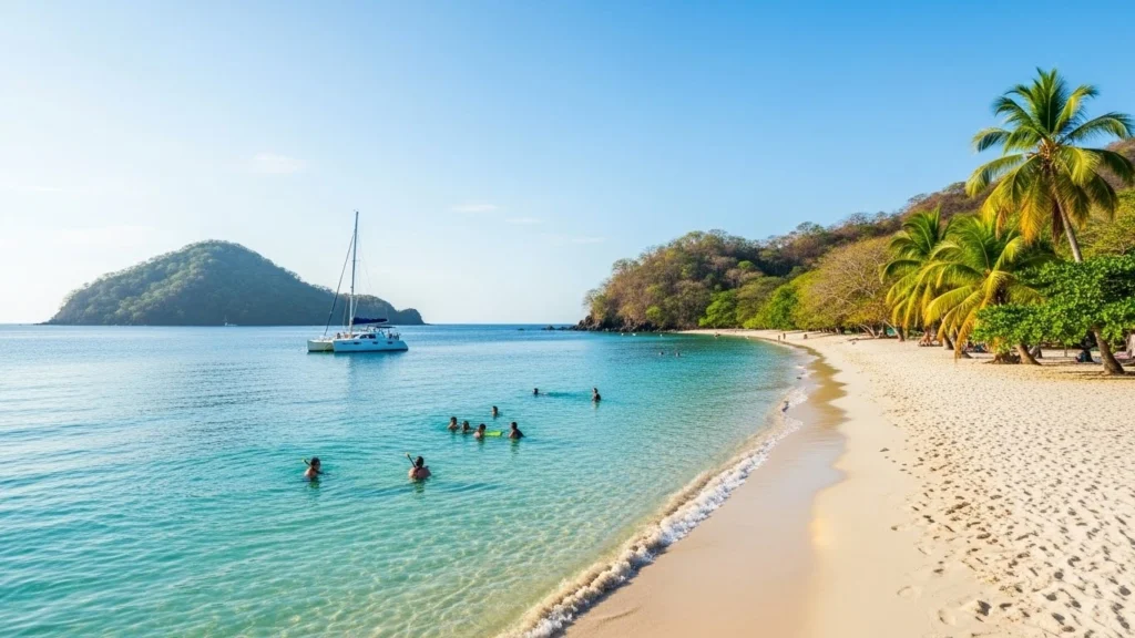 White-sand beach at Isla Tortuga Costa Rica with clear turquoise water and a catamaran anchored in the Gulf of Nicoya