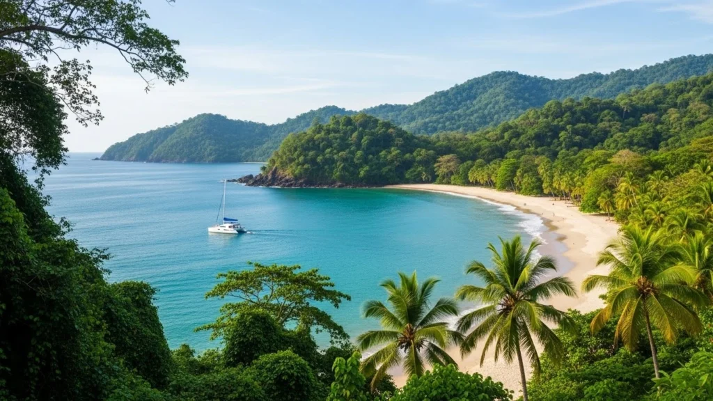 Scenic coastline of Manuel Antonio Costa Rica with lush rainforest, white-sand beach, and a catamaran along the shore