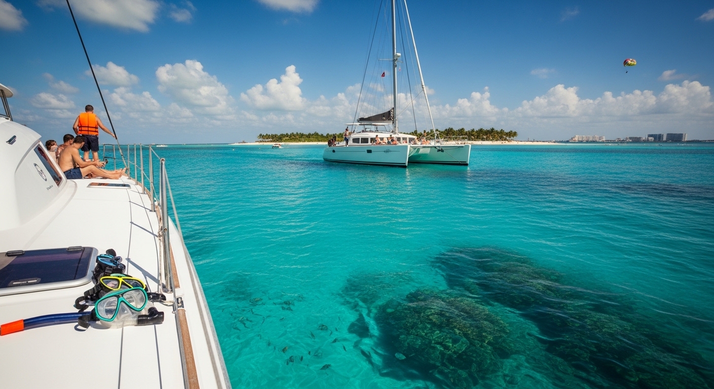 Realistic view of a catamaran sailing on turquoise Caribbean water near Isla Mujeres with snorkeling scene, showcasing top activities to do in Cancun including ocean tours and reef exploration