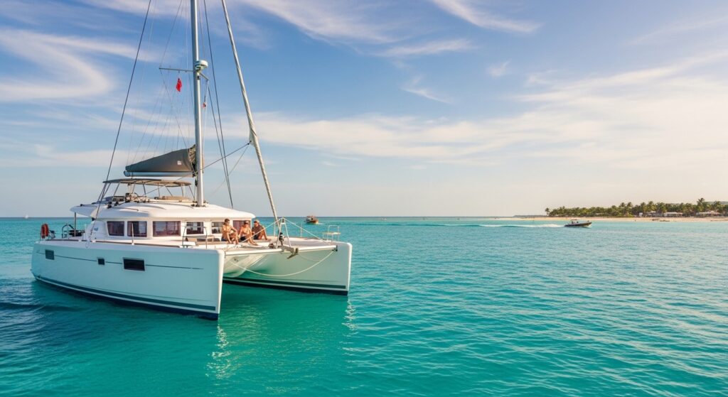 First time in Cancun catamaran tour on clear turquoise waters with minimal people, calm ocean, and tropical shoreline in the background