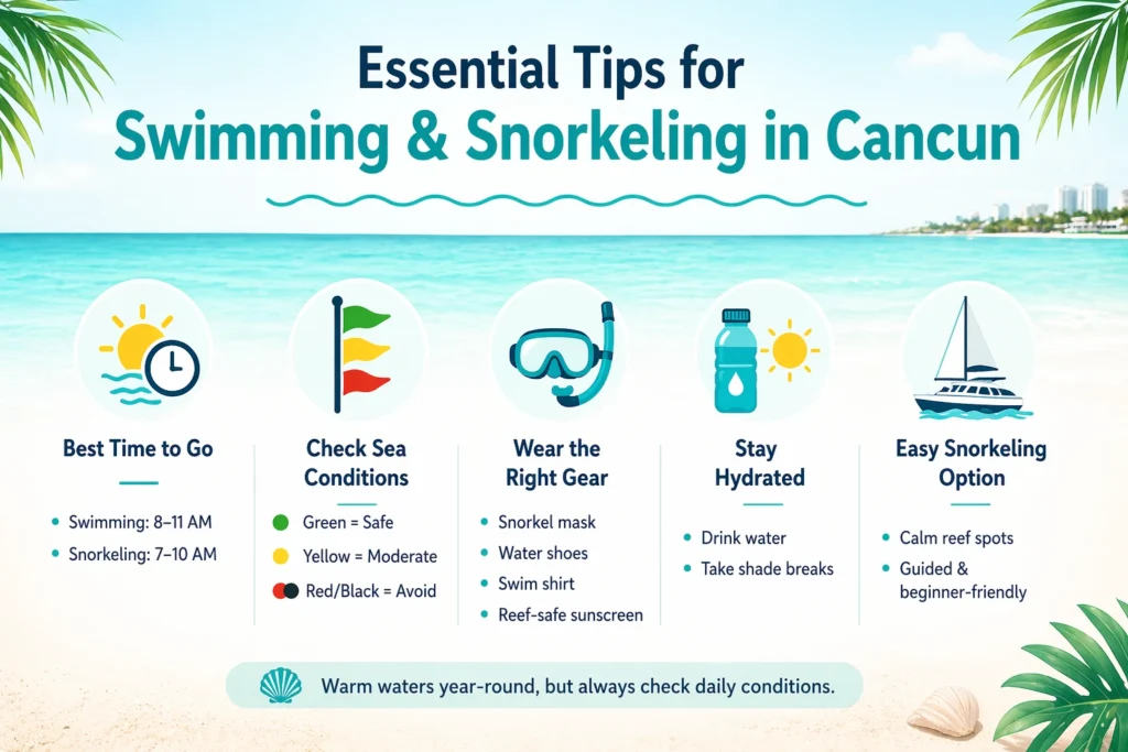Minimalistic infographic showing essential tips for swimming and snorkeling in Cancun, including best times, sea conditions, gear, hydration, and easy snorkeling options, highlighting sea water temperature Cancun for a safe and enjoyable experience