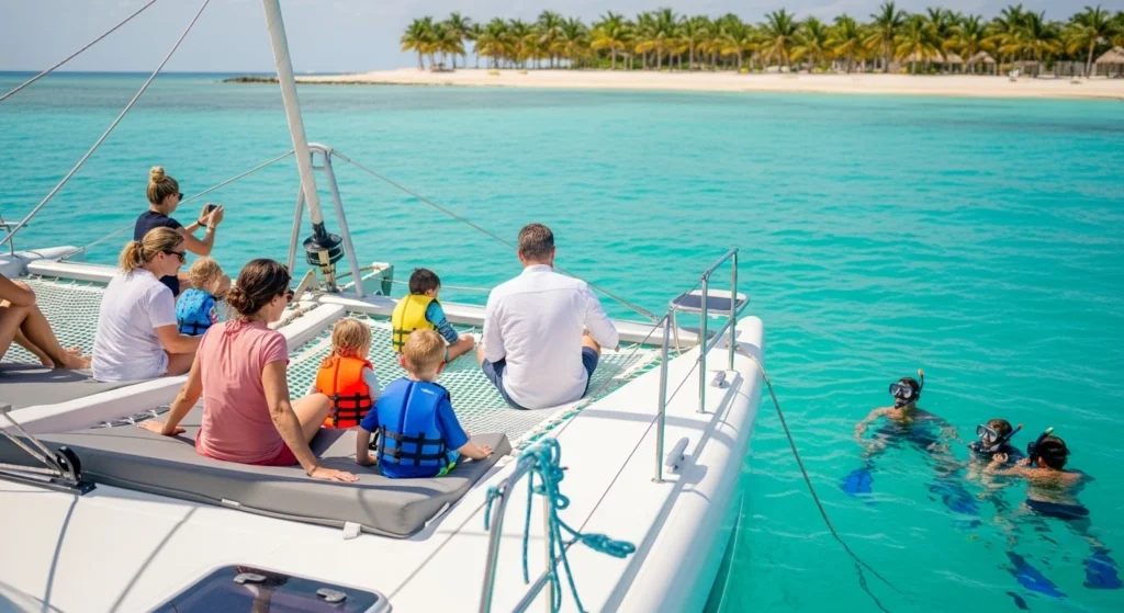 family enjoying family catamaran tours Cancun in calm turquoise waters near Isla Mujeres with kids relaxing on the boat and snorkeling nearby