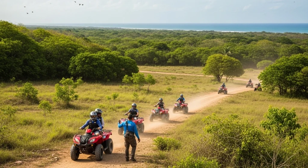 Group of riders on ATVs following a guide along a rugged tropical trail near the Gulf of Papagayo, with forest, open fields, and ocean views in the background.