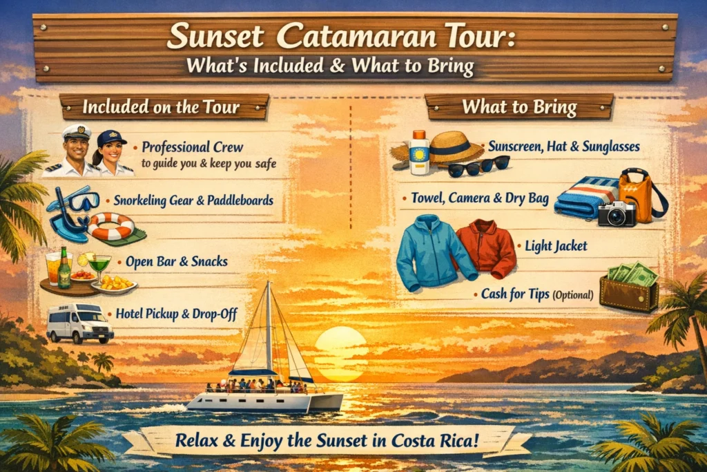 Landscape infographic of a Costa Rica sunset catamaran tour with inclusions and what to bring.