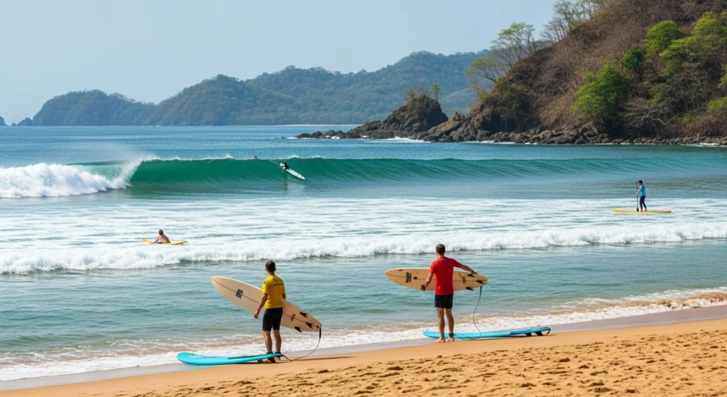 Surfer holding a board on the beach in the Gulf of Papagayo, Costa Rica