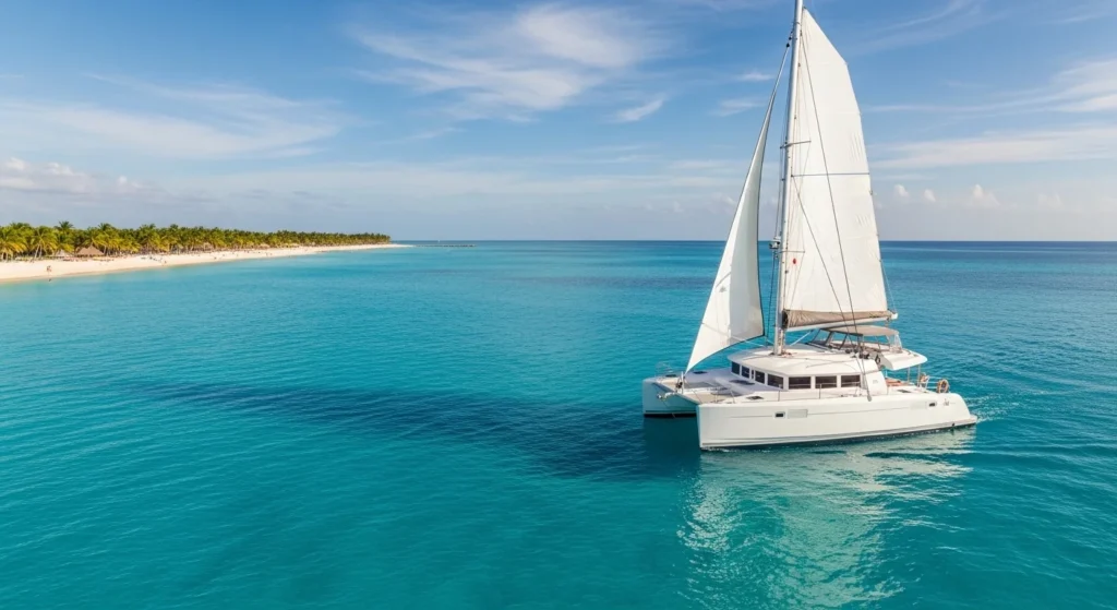 Realistic catamaran sailing on turquoise Caribbean water in Cancun with no people, illustrating how to book excursions in Cancun