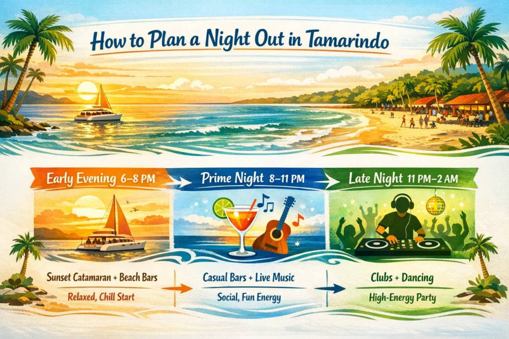 Infographic showing a timeline for planning a night out in Tamarindo from sunset to late-night clubs.