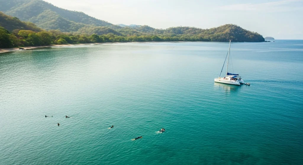 Calm protected bay in Papagayo Costa Rica with smooth water and a catamaran cruising slowly