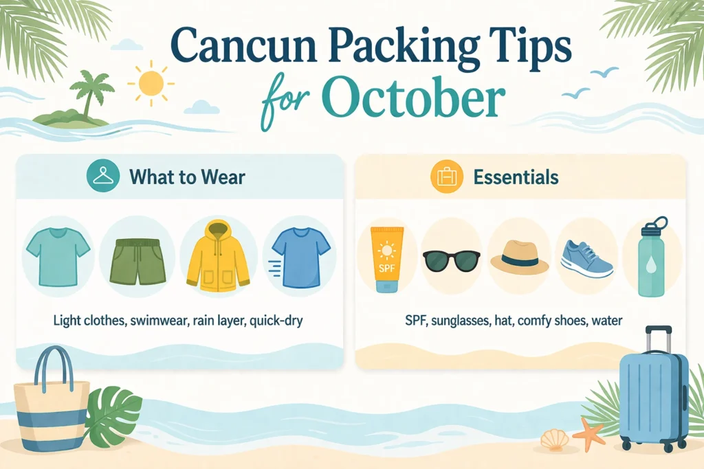 Cancun packing tips infographic for October showing clothing and essentials for cancun weather in October