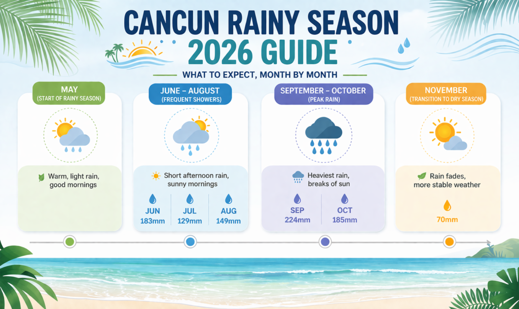 Cancun rainy season 2026 infographic showing monthly rainfall and weather patterns and when is rainy season in Cancun
