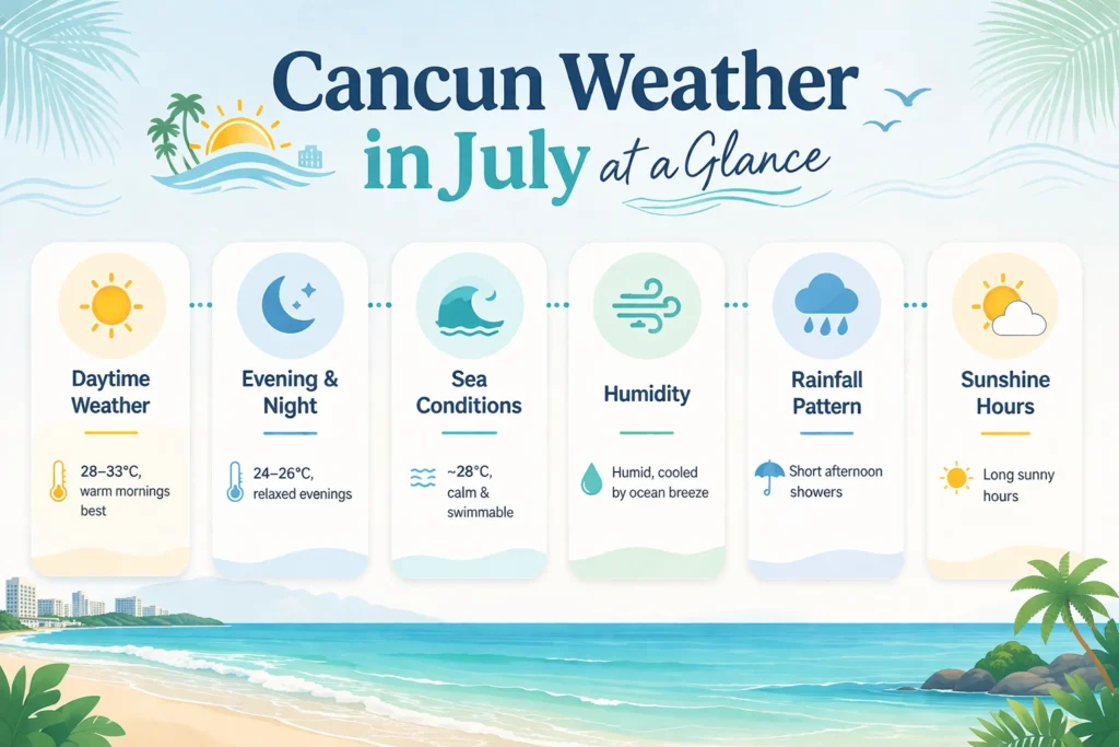 Cancun weather in July infographic showing temperatures, sea conditions, rainfall, humidity, and sunshine at a glance