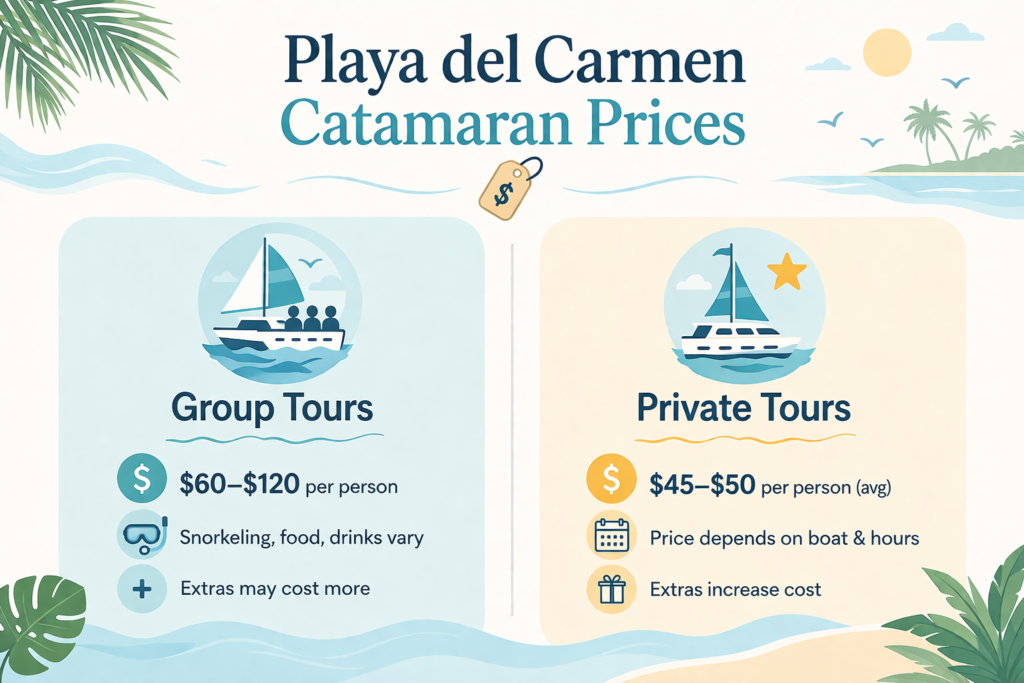 Playa del Carmen catamaran prices infographic comparing group and private tour costs with key inclusions