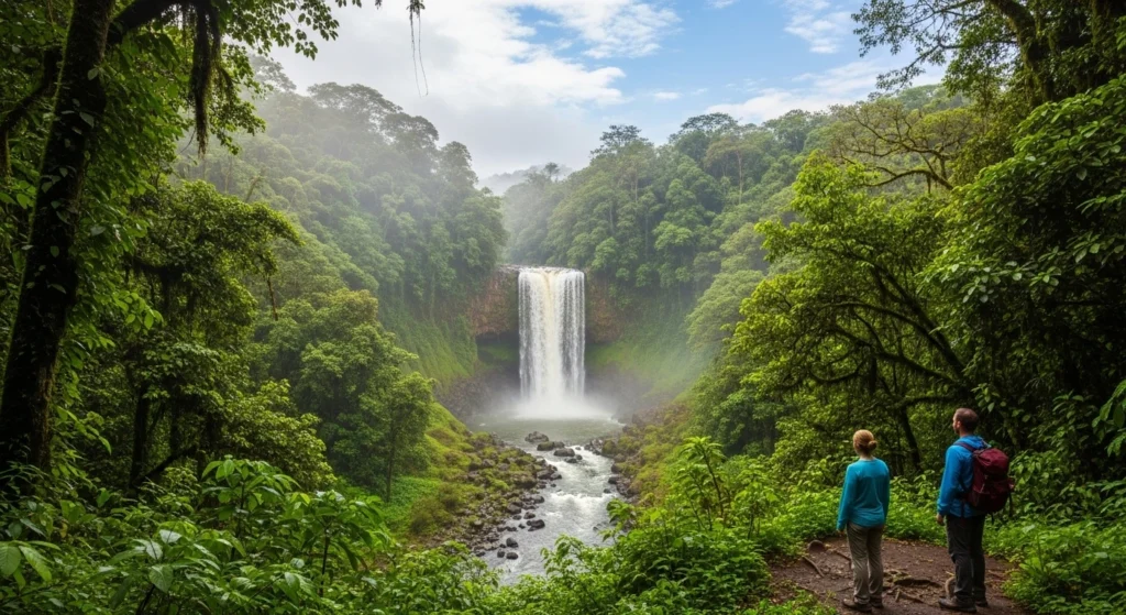 Lush Costa Rica rainforest with waterfall and river during green season.