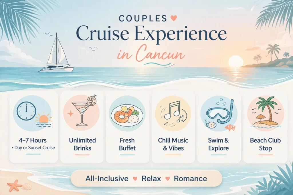 Minimalist couples only cruises Cancun infographic showing duration, drinks, buffet, music, snorkeling, and beach club with an all-inclusive romantic theme.