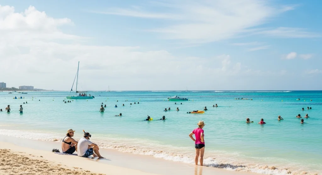 Couples enjoying beach and water activities in Cancun in July with turquoise ocean and sunny weather