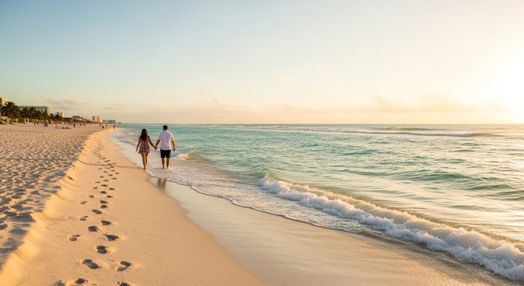 Una pareja pasea por una tranquila playa de Cancún al atardecer, con arena blanca y suave, olas turquesas apacibles y un ambiente romántico y apacible, propio de una luna de miel.