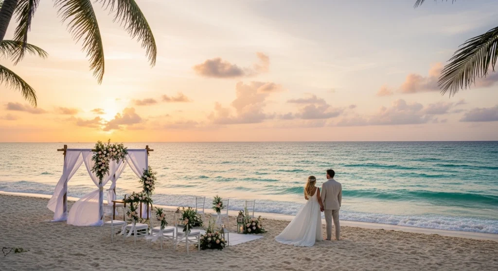 Beachfront wedding ceremony at sunset in Cancun with a decorated arch, white sand, and turquoise ocean, showcasing destination weddings Cancun in a romantic and elegant setting.