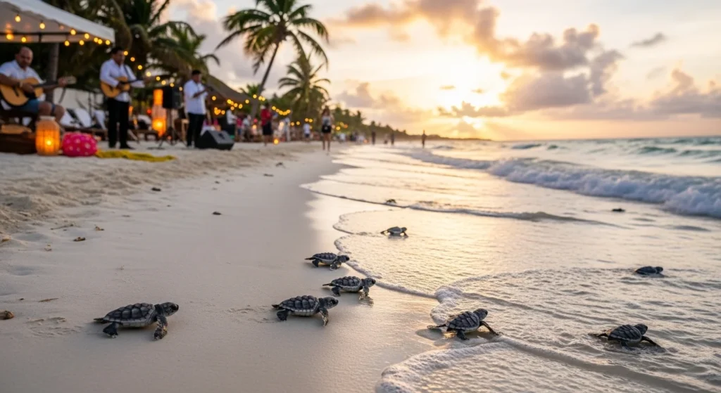 Baby sea turtles moving toward the ocean in Cancun during sunset with cultural beach atmosphere reflecting cancun weather in august