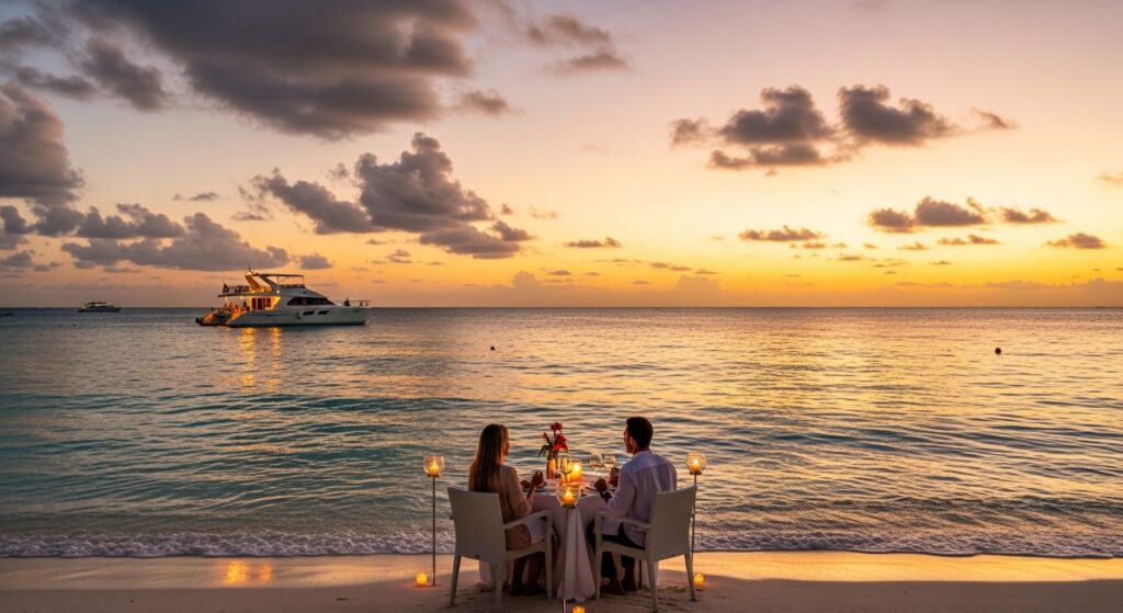 Romantic sunset dinner cruise and beachfront dining, things to do in Cancun for couples