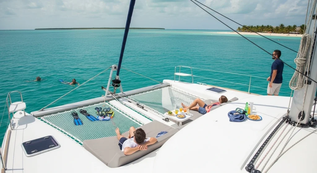 Catamaran tour Playa del Carmen showing open deck sailing, snorkeling stop, and relaxing ocean experience