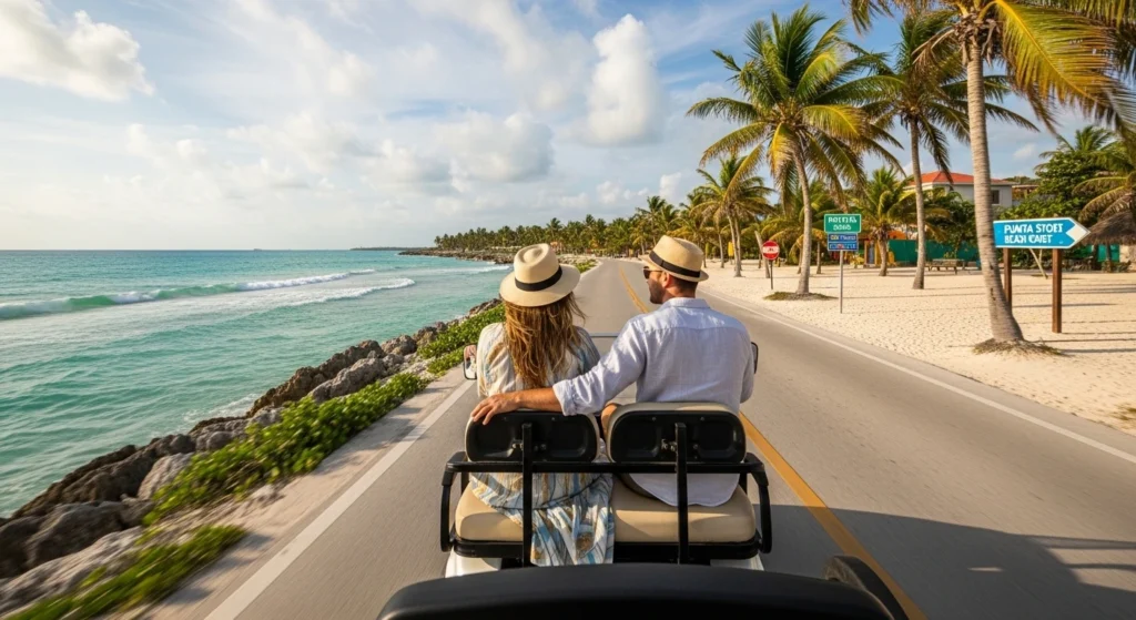 Couple riding a golf cart along the scenic coastal road of Isla Mujeres with turquoise ocean views, highlighting fun and relaxed excursions in Cancun for couples.