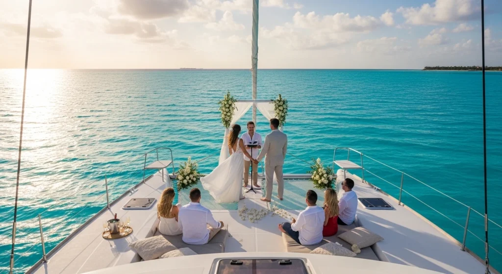 Luxury all-inclusive resort wedding venue in Cancun with elegant beachfront setup, tropical surroundings, and ocean views creating a sophisticated and comfortable celebration setting.