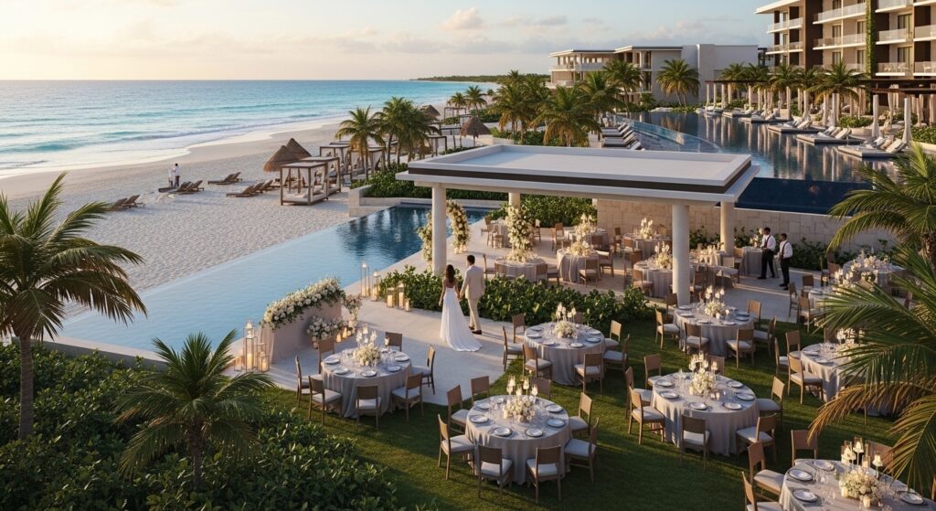 Luxury all-inclusive resort wedding venue in Cancun with elegant beachfront setup, tropical surroundings, and ocean views creating a sophisticated and comfortable celebration setting.